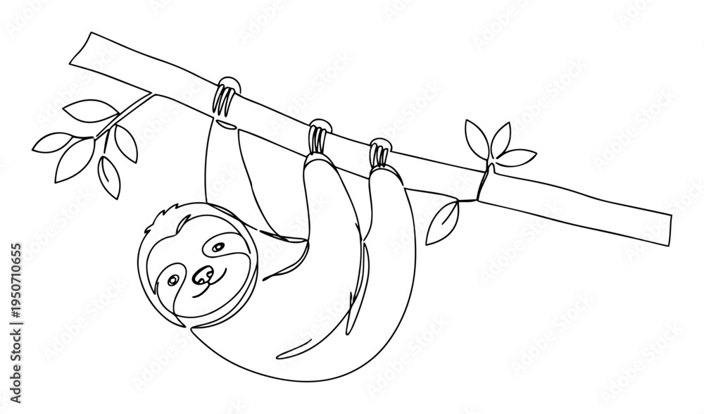 Fototapeta premium sloth hanging on branch line drawing