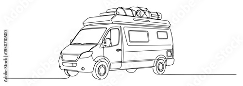 modern camper van with gear on top line art