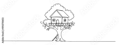 treehouse line drawing in cartoon style