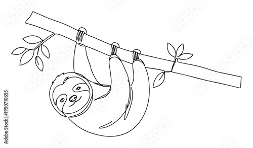sloth hanging on branch line drawing