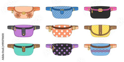 A colorful illustration of nine waist bags in various patterns and colors on a transparent background