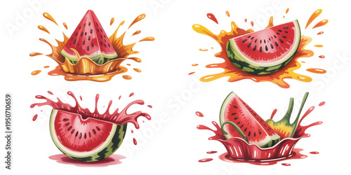 A colorful vector illustration of watermelon slices with splashes of juice on transparent background