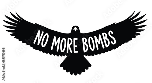 Black dove silhouette with 'NO MORE BOMBS' text, vector