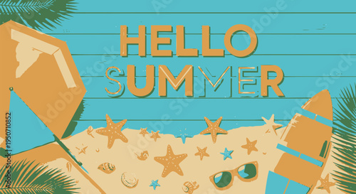 Summer beach background with Hello Summer text vector