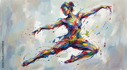 A dynamic female dancer is captured mid-leap in a vibrant, abstract expressionist style painting.