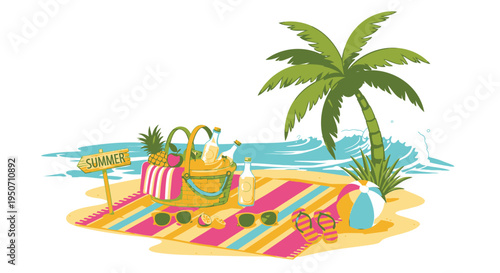 Vector beach vacation icons set with palm tree and accessories