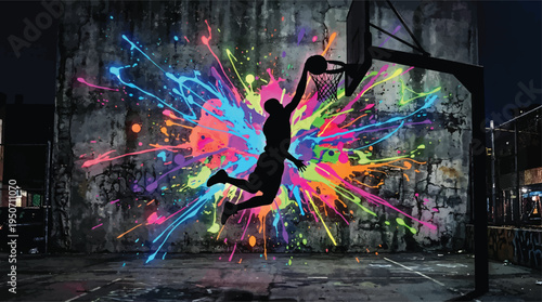 A vibrant, colorful paint explosion illustrates the silhouette of a basketball player dunking forcefully against a dark concrete wall.