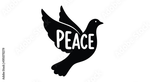 Vector peace dove icon, black silhouette with white text