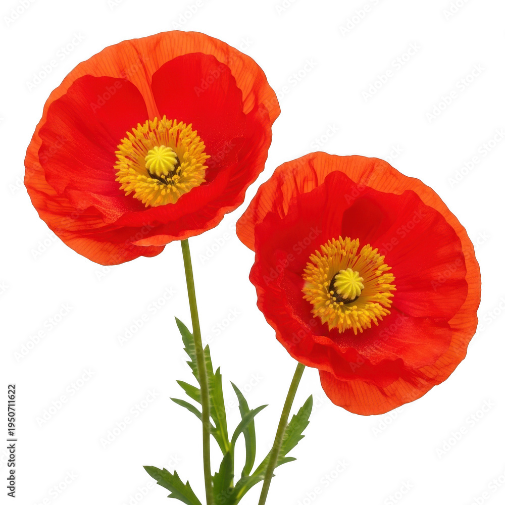 Fototapeta premium A pair of vibrant red poppy flowers with green stems against a white background.