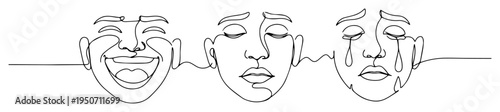 trio of expressive faces in one line drawing style