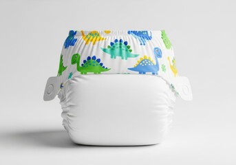 A colorful diaper with a dinosaur print on a white surface in a studio setting with soft lighting