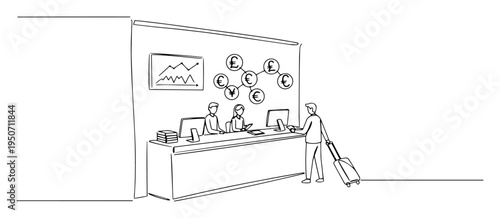 currency exchange desk scene line drawing