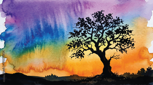 A solitary oak tree silhouette stands against a dramatic, vibrant watercolor sunset sky.