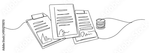 contract documents and coins line drawing