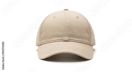 Plain beige baseball cap with curved brim and stitched paneling isolated on a clean white studio background showcasing versatile headwear for casual outdoor activities sports