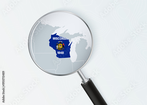 Wisconsin Map Under Magnifying Glass with National Flag Overlay.