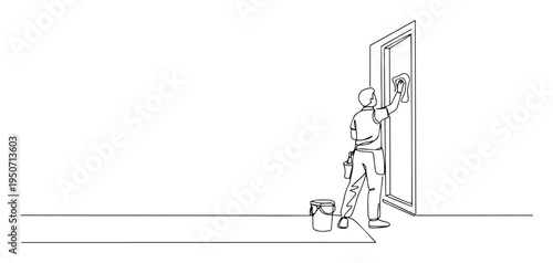 person washing window from ground level