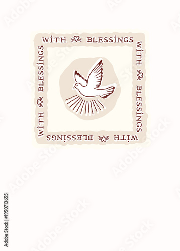 With blessings first baptism card with holy spirit dove motif. Hand drawn vector icon isoalted flat on plain editable background. Christian bible stydy sticker, pentecost, baptise religious greeting