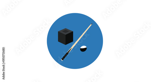 Flat design illustration of a black cube, cue stick and ball on a blue circle background.