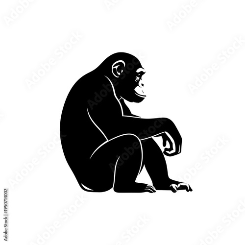 Silhouette of a chimpanzee sitting and contemplating on a white background.