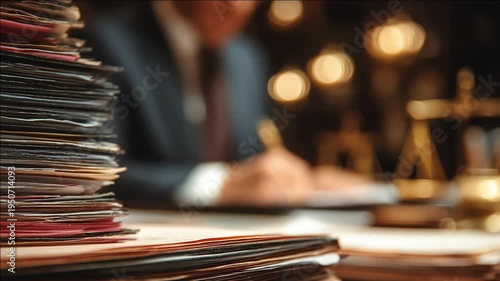 Stack of documents in focus with a blurred lawyer writing at a desk in the background. Legal paperwork, office work, justice, law firm, legal services, and administration concept