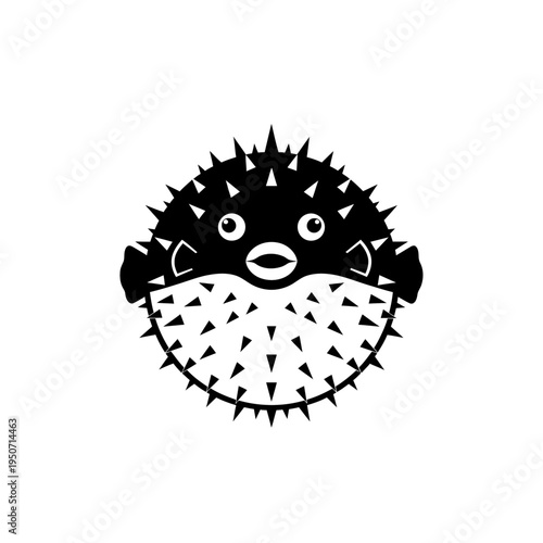Black and white illustration of a cute pufferfish with spikes and a smiling face.