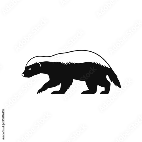 Black and white illustration of a walking badger in a minimalist style.