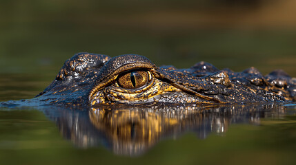 Alligator Eye Close Up. Realistic close-up photo of an alligator eye partially above water, detailed reptile scales and reflective yellow iris visible, natural river or swamp environment, sunlight ref