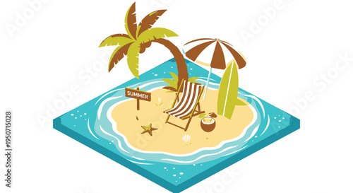 Vector tropical island icon with beach chair and palm tree