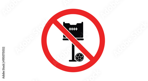 Flat lay of a prohibition sign against a white background with a red circle and a black silhouette of a monitor on a stand with a wheel