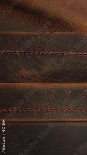 brown aged leather bag pocket with stitched seam and natural wrinkles.