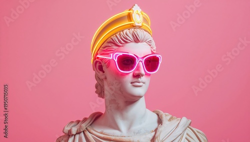 Statue wearing sunglasses with neon colors against a pink background during a modern artistic display