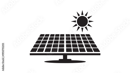 Solar Panel Icon with Sun Black Silhouette Renewable Energy Symbol Isolated on White for Solar Power and Sustainability Concepts
