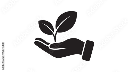 Hand Holding Seedling Icon Black Silhouette Symbolizing Plant Care, Sustainability and Environmental Protection