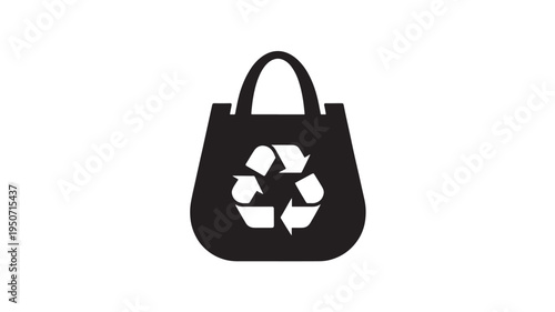 Reusable Shopping Bag With Recycling Symbol Icon Black Silhouette Eco Friendly Tote Isolated On White Background