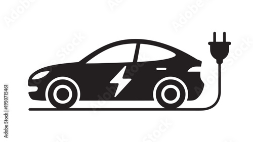 Electric Car Charging Icon Black Silhouette with Power Plug Symbol for EV, Clean Energy and Green Transportation