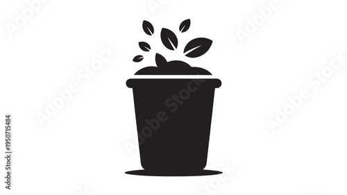 Compost Bin Icon with Plant Black Silhouette Symbol for Organic Waste Recycling, Sustainable Gardening and Eco Living