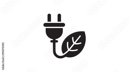 Electric Plug with Leaf Icon Black Silhouette Symbol for Green Energy, Eco Electricity and Sustainable Power