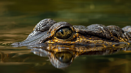 Alligator Eye Close Up. Realistic close-up photo of an alligator eye partially above water, detailed reptile scales and reflective yellow iris visible, natural river or swamp environment, sunlight ref