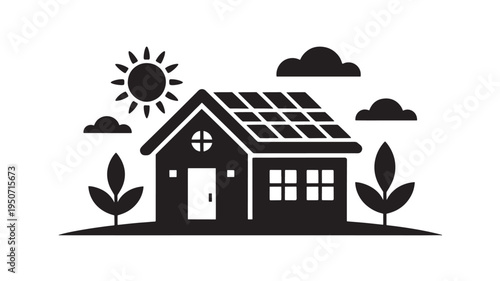 Solar Panel House Icon – Eco Friendly Home With Renewable Energy Roof Panels Silhouette