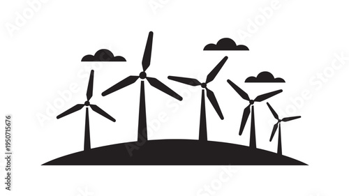 Wind Turbine Farm Silhouette Icon With Clouds – Renewable Energy And Sustainable Power Generation Concept