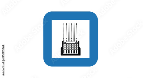 Close-up of a blue square icon with a black electronic circuit board and metal connectors on a white background.