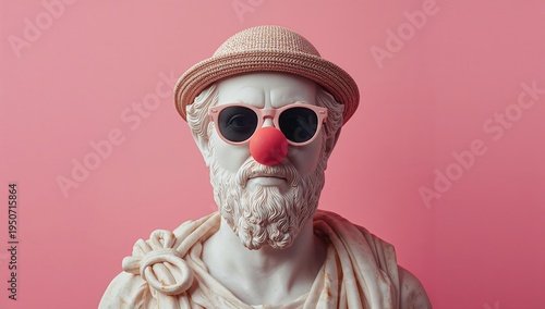 Statue of a philosopher wearing sunglasses and a clown nose with a straw hat against a pink background
