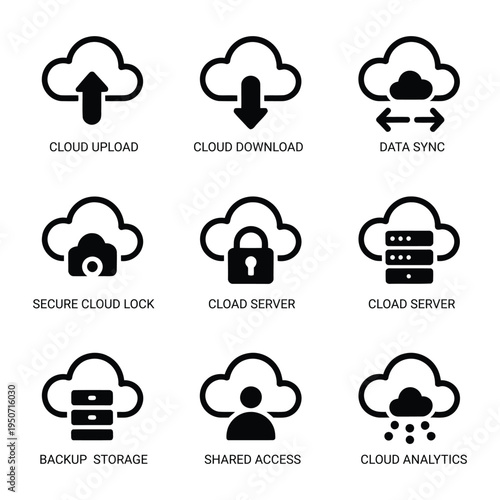 A comprehensive set of cloud computing icons, illustrating services like data upload, download, synchronization, security, servers, backup storage, shared access, and analytics.