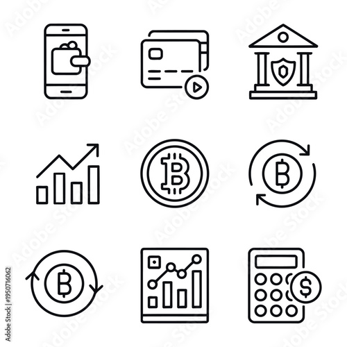 A curated selection of finance and business icons, including mobile banking, secure credit cards, bank buildings, and cryptocurrency exchange, rendered in a minimalist line style.