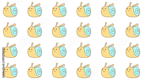 Seamless cute cartoon snail pattern. Pastel yellow and blue kawaii animal vector background. Smiling baby snail repeating motif. Childish nursery wallpaper or wrapping paper texture.