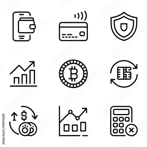 Diverse financial icons depicting mobile payments, secure transactions, Bitcoin exchange, and financial analysis tools in a contemporary outline aesthetic for digital platforms.