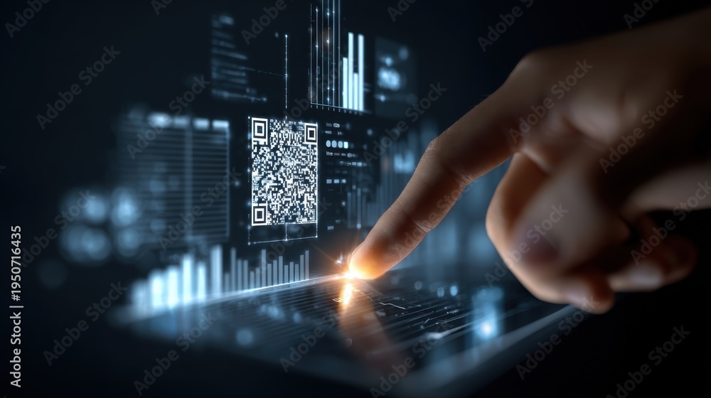 Fototapeta premium Finger touching holographic qr interface on digital tablet