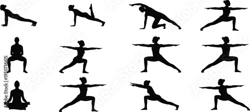 Black silhouette collection of a woman performing various yoga poses and fitness exercises like plank, warrior, and meditation isolated on a clean white background.