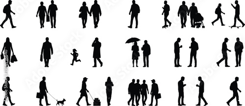 Black silhouette collection of diverse people walking, shopping, talking, and exercising including families with strollers, pet owners, and students isolated on white background.